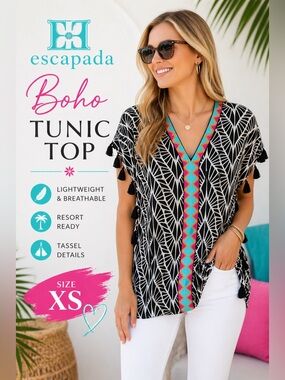 Escapada XS Black White Geometric Tunic Top Tassel Trim VNeck Boho Resort Blouse